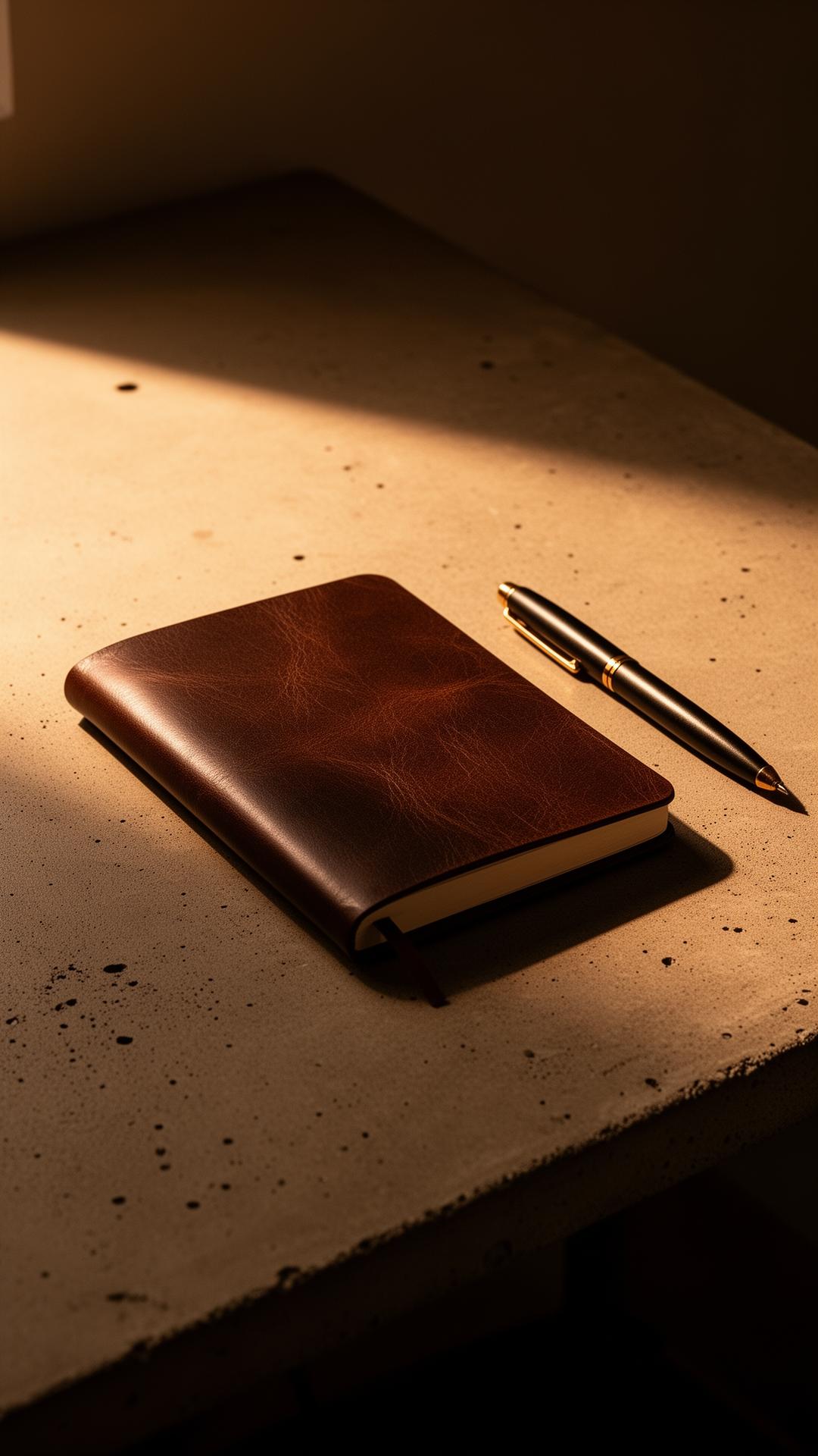 Leather notebook and pen on a concrete desk in warm side light