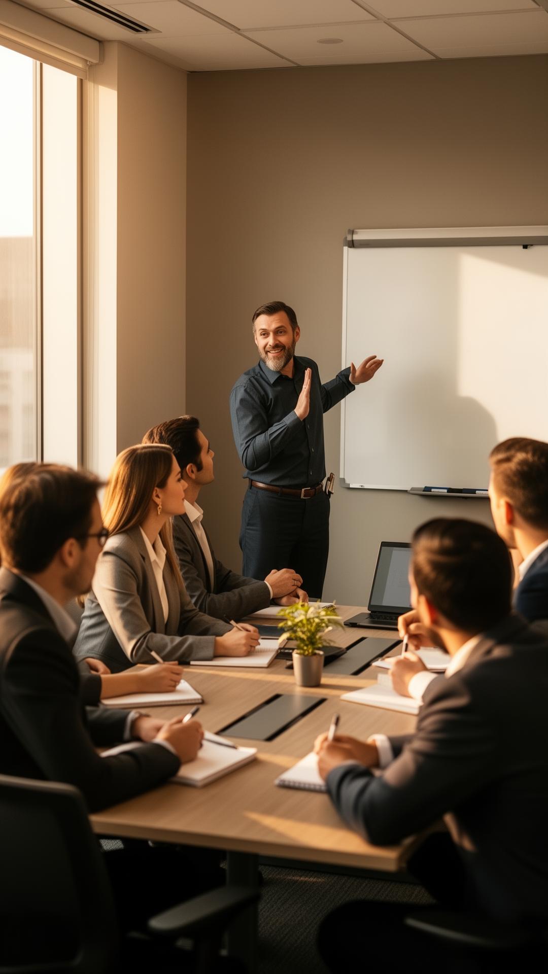 Safety consultant leading a workplace safety training session for office staff in a conference room